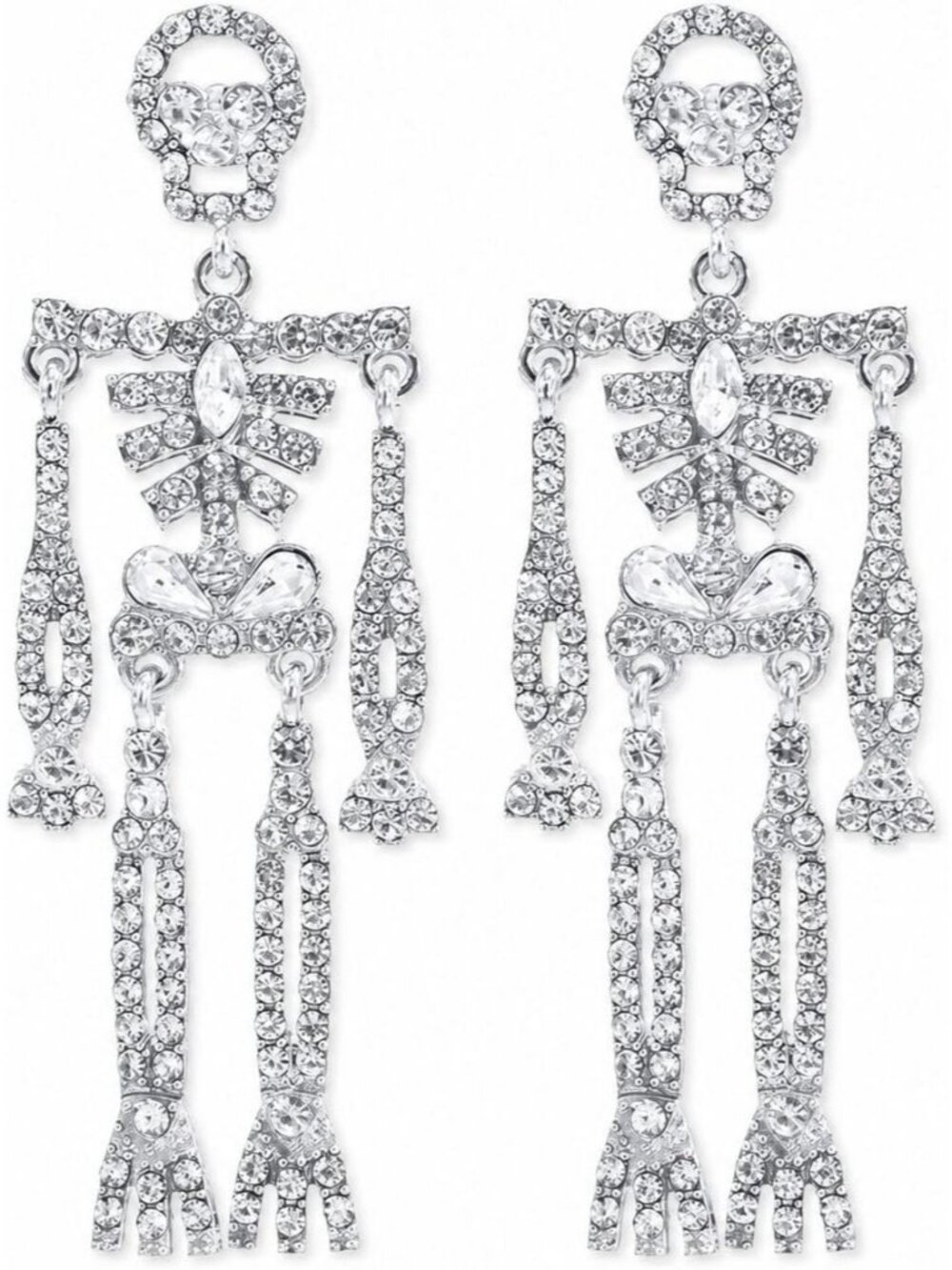 Women's Silver Rhinestone Skeleton Skull Dangle Earrings Gothic Halloween